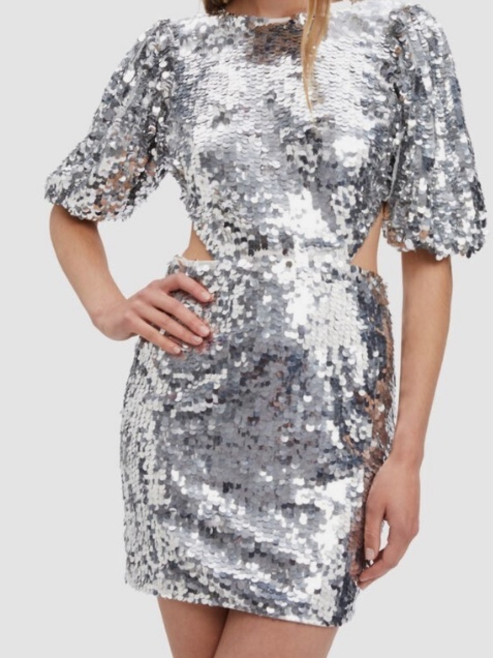 Bardot Silver Sequin Puff Sleeve Mini Dress